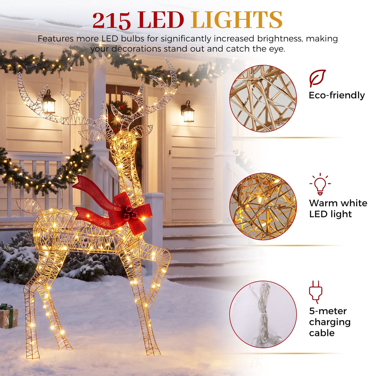 FOOWIN 3-Piece Large Christmas Deer Family, Lighted Outdoor Christmas Decoration, Champagne Gold