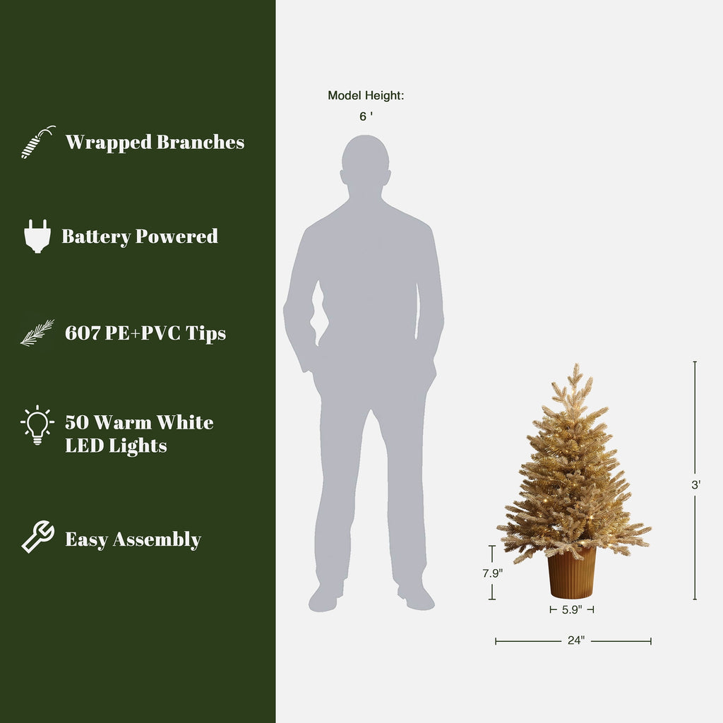 3Ft Gold Branches Artificial Christmas Tree with Battery-Op Lights & Gold Pot