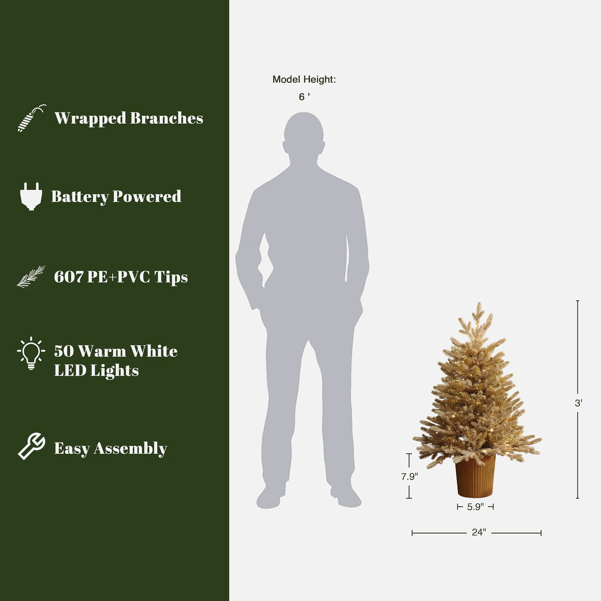 3Ft Gold Branches Artificial Christmas Tree with Battery-Op Lights & Gold Pot