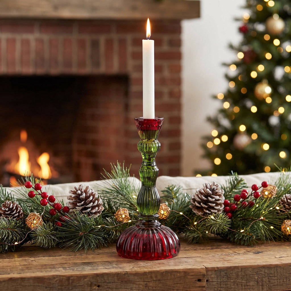 Red and Green Ribbed Glass Christmas Taper Candle Holder, 8.5", by Holiday Time