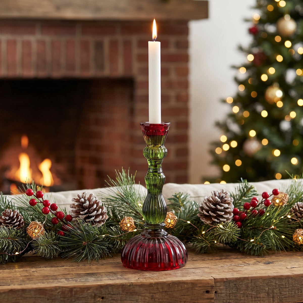 Red and Green Ribbed Glass Christmas Taper Candle Holder, 8.5", by Holiday Time