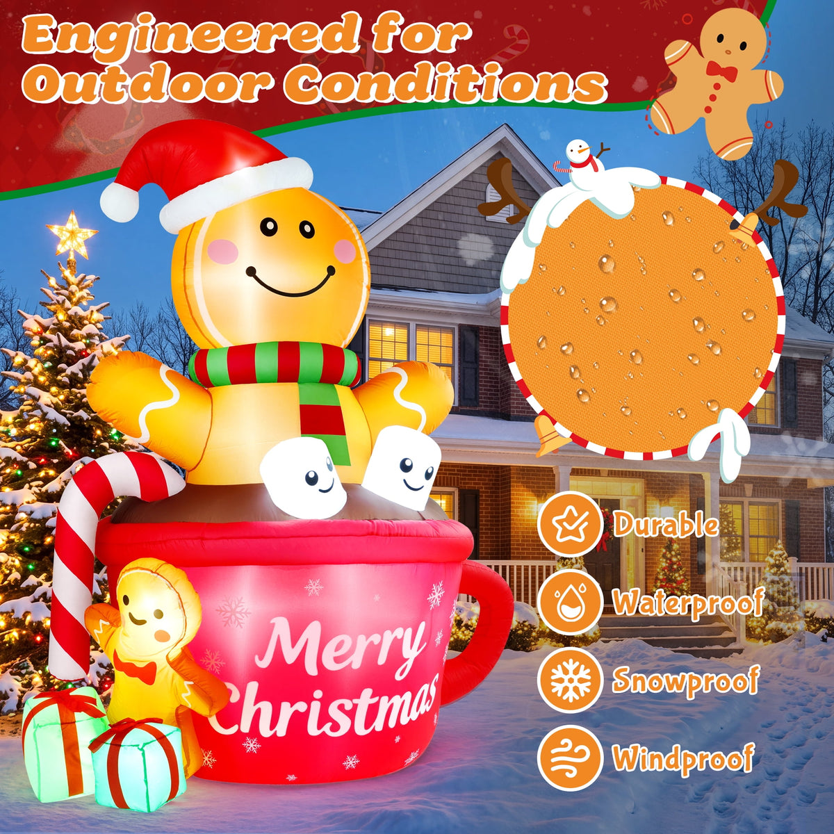 Yexmas 6FT Christmas Inflatable Gingerbread Man in Hot Cocoa Mug Blow Up Decor with LED Lights, Candy Cane, Marshmallows and Gift Box, for Yard, Lawn,Garden