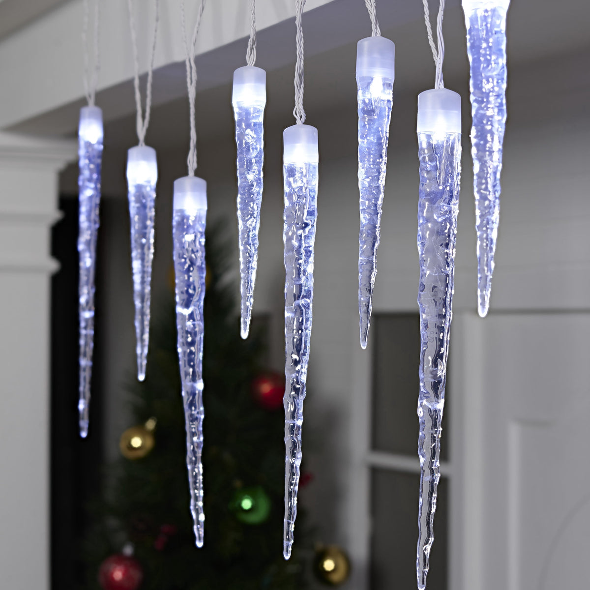 Indoor/Outdoor 8-Count LED 8-Function Crystal Christmas Icicle Lights, Cool White, White Wire, 9', by Holiday Time