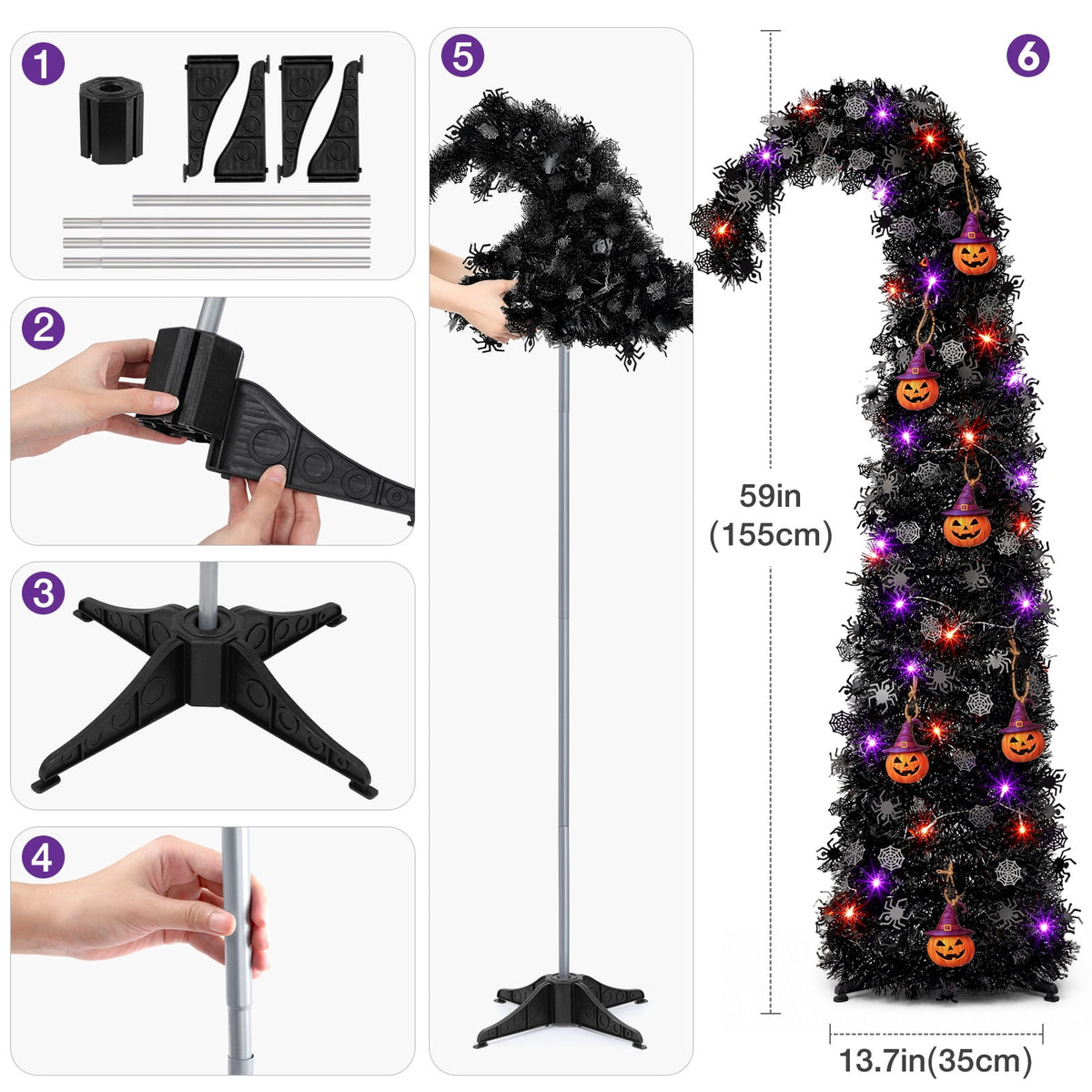 Ayieyill 5ft Halloween Tree Prelit, Pencil Pop up Tree with Light Halloween Decoration | Indoor | Black