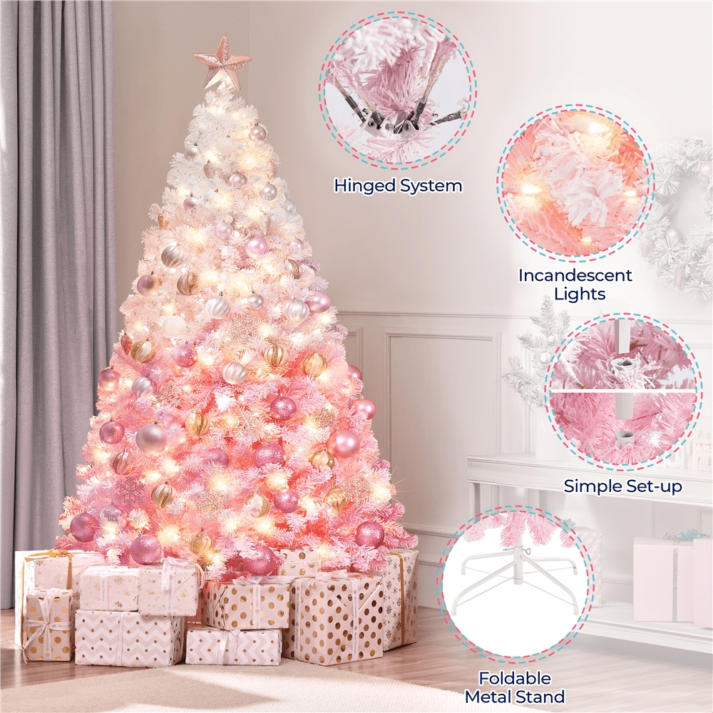 Alden Design 7.5 ft Pre-Lit Flocked Christmas Tree with Warm Lights, Frosted White