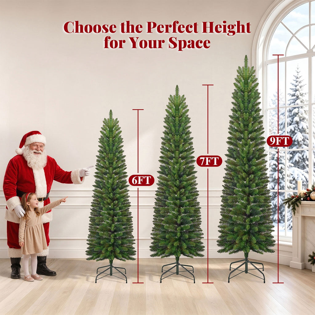 Goosiay Pre-Lit Pencil Artificial Christmas Tree, 6ft Xmas Tree with Metal Stand for Christmas Decoration, Green