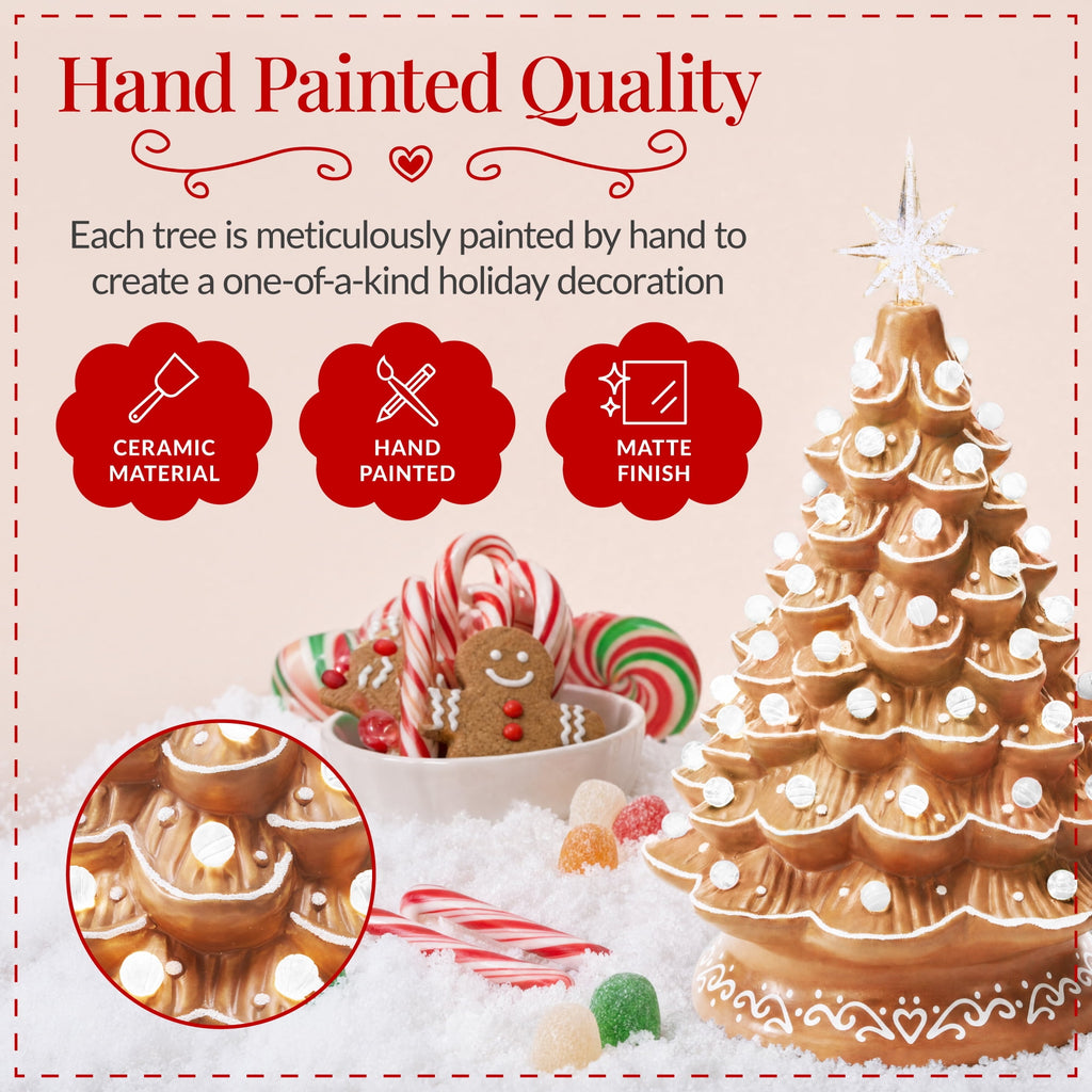 Best Choice Products 15in Ceramic Christmas Tree, Pre-lit Hand-Painted Tabletop Holiday Tree, Gingerbread Red/White/Grn