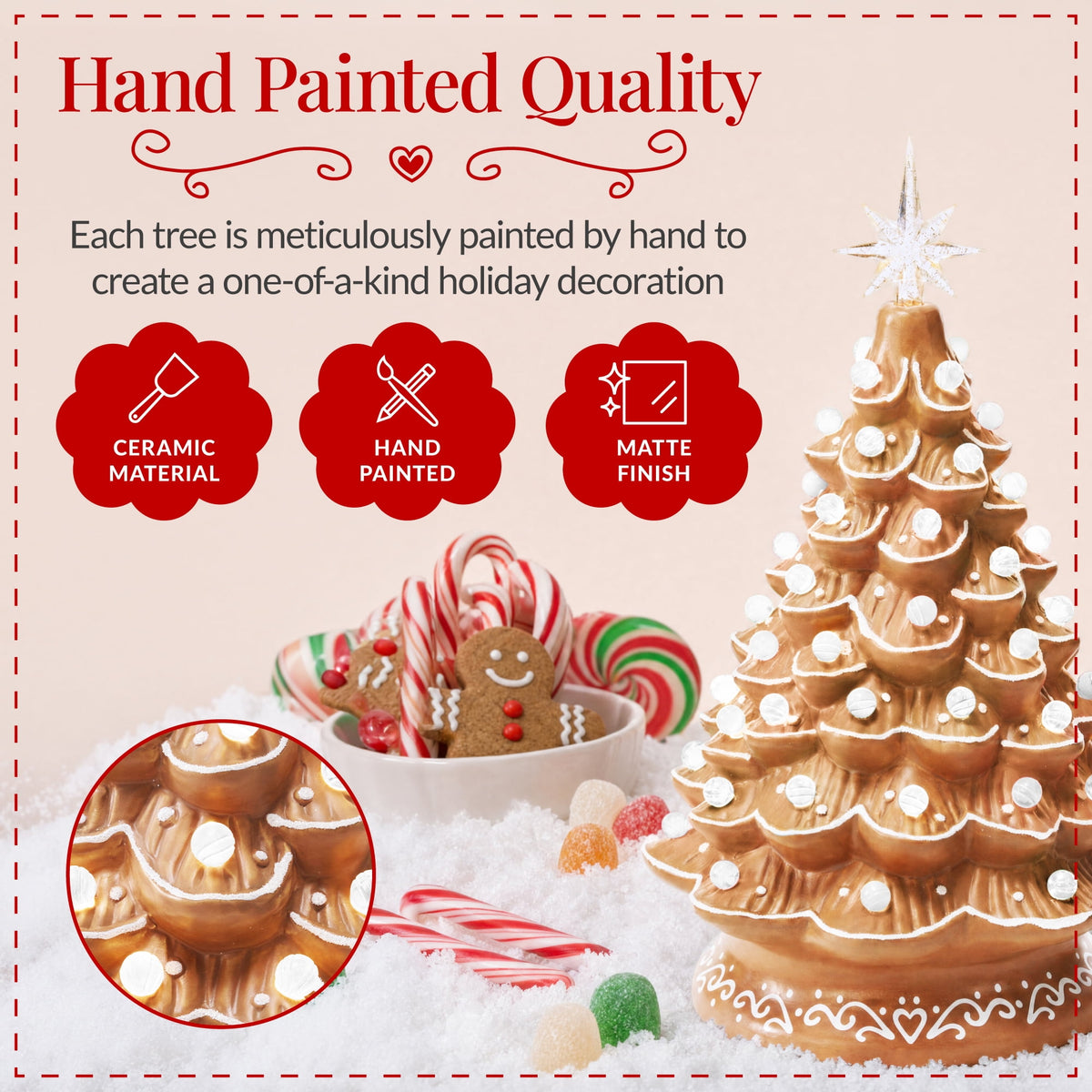 Best Choice Products 15in Ceramic Christmas Tree, Pre-lit Hand-Painted Tabletop Holiday Tree, Gingerbread Red/White/Grn