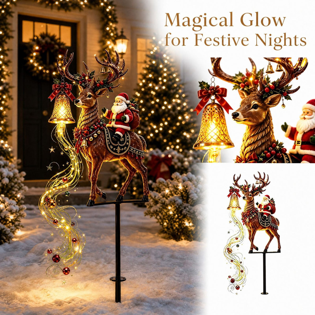 Christmas Reindeer Lighted Yard Stake, Bell and Snowflake Outdoor Decor for Lawn Garden Pathway Porch Holiday Display, 31.9 in