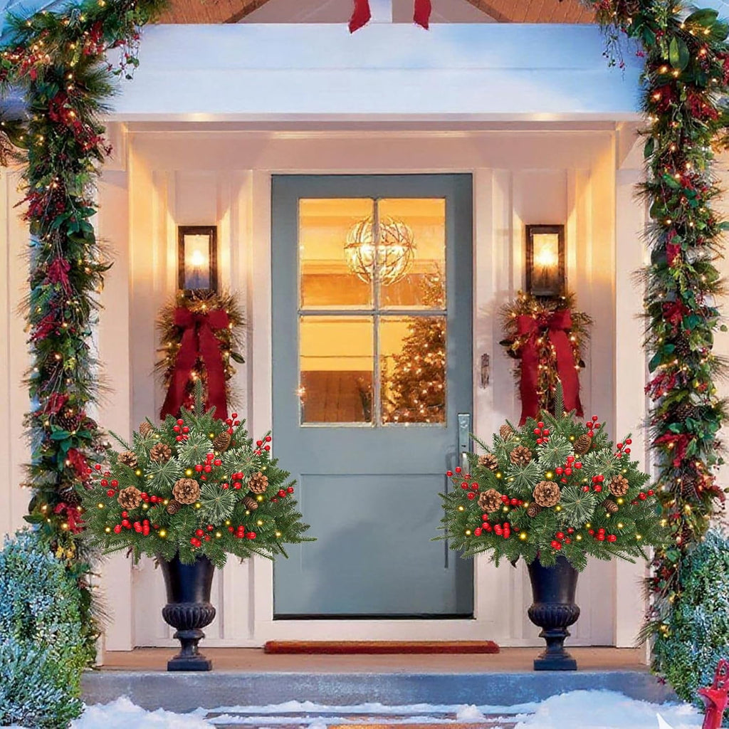 Ikfashoni 2 Pack Christmas Urn Filler, Pre-lit Outdoor Christmas Tree with Remote, Artificial Christmas Porch Pathway Decoration