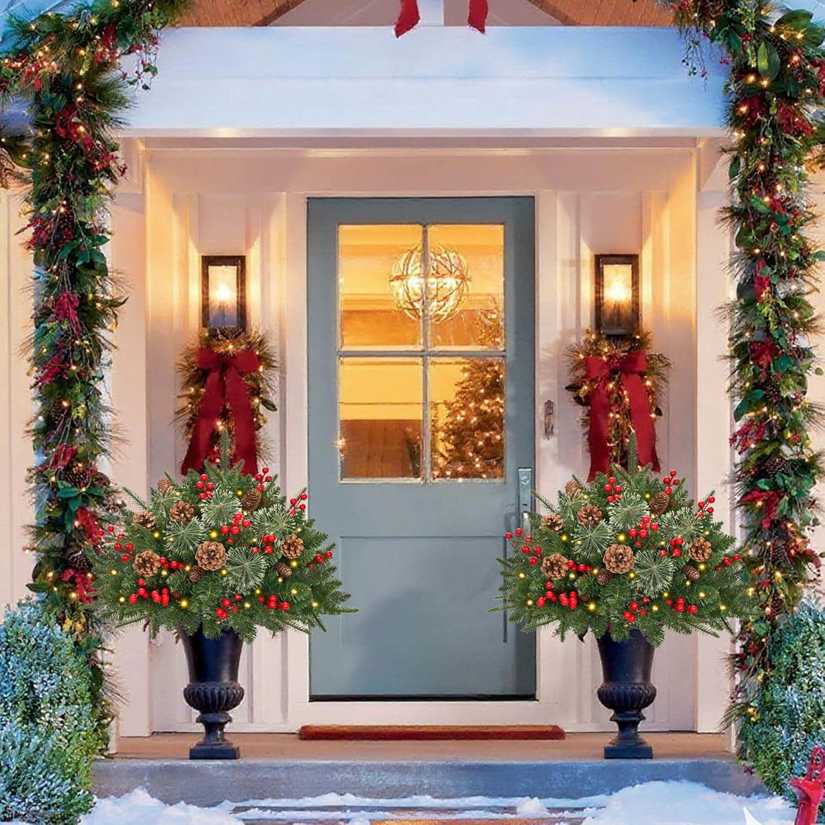 Ikfashoni 2 Pack Christmas Urn Filler, Pre-lit Outdoor Christmas Tree with Remote, Artificial Christmas Porch Pathway Decoration