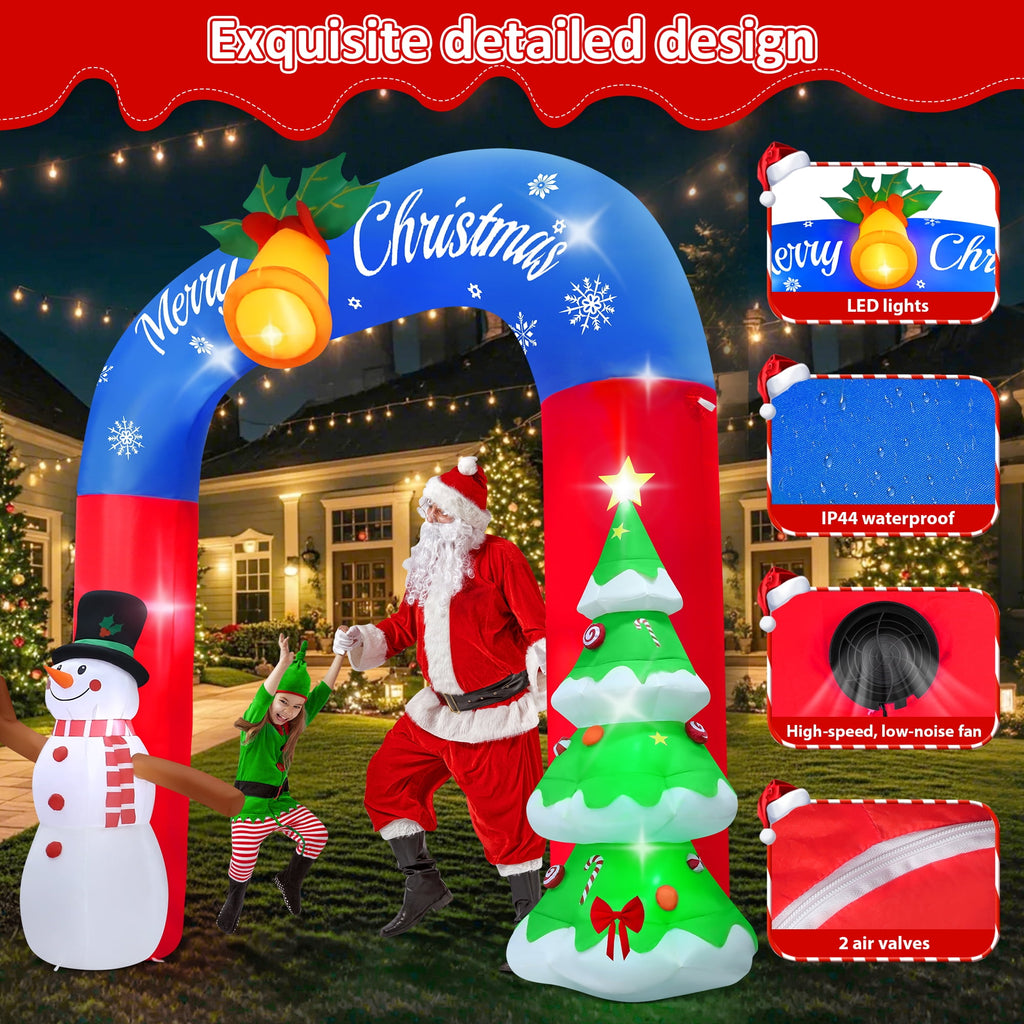 Yexmas 8FT Christmas Inflatable Archway,Christmas Blow Up Yard Decorations with Santa Claus and Snowman,Outdoor Christmas Decorations with Bow LED Lights