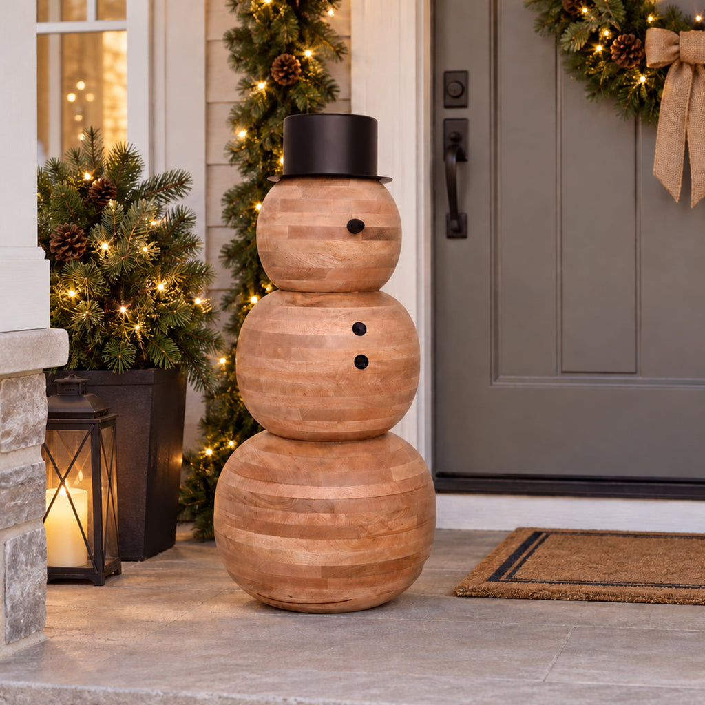 Holiday Time Wood Decorative Snowman with Black Metal Hat, Natural Finish, Christmas Outdoor Porch Decor, 34 in