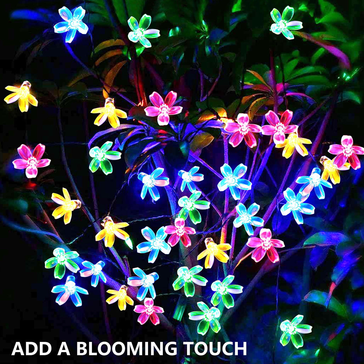 Rirool Cherry Blossom Solar String Lights Outdoor, 23FT 50 LED Flower Fairy Lights with 2 Lighting Modes, IP65 Waterproof Auto On/Off for Garden Patio Wedding Christmas Decor, Multicolor