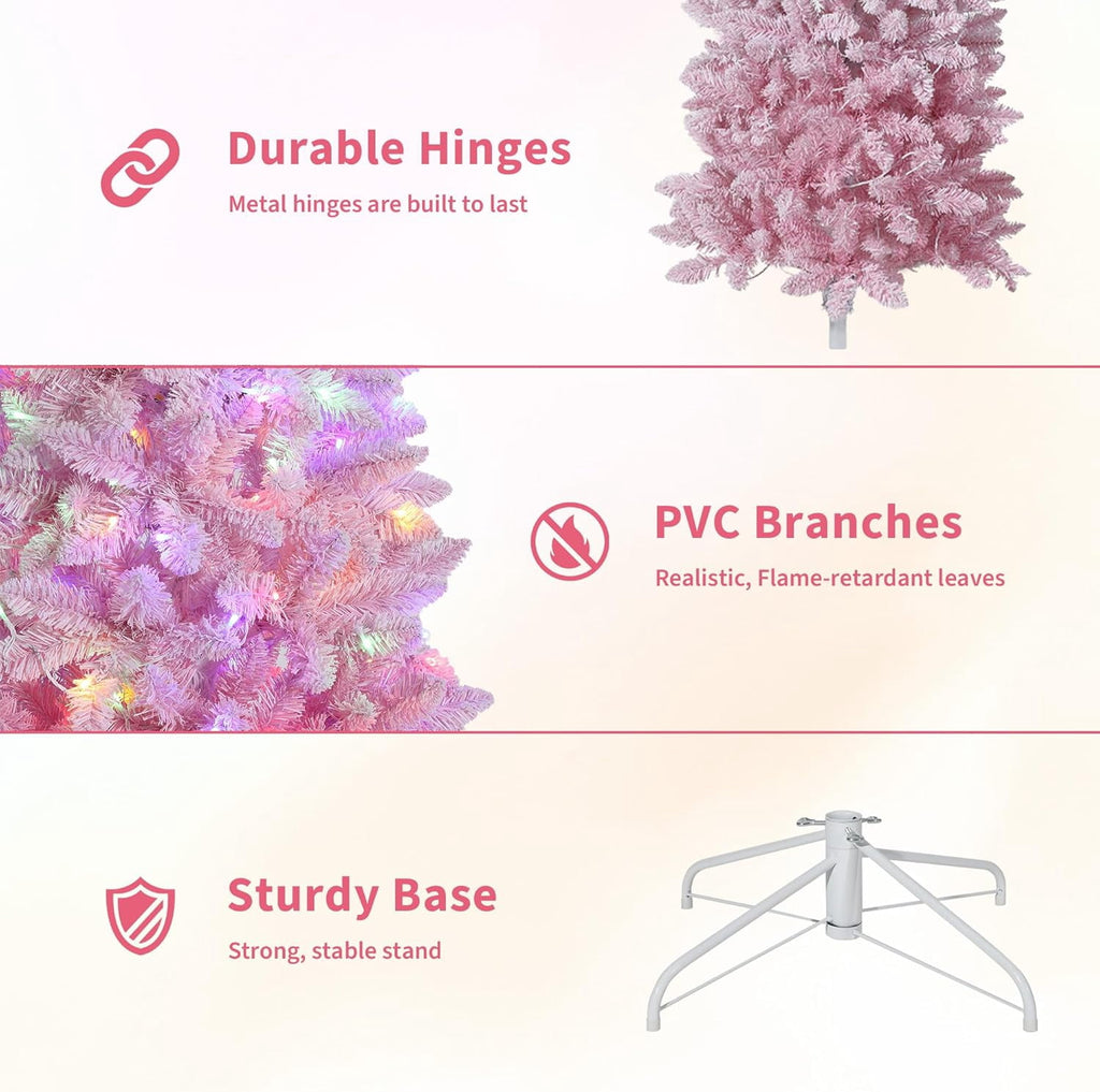 4.5/6/7.5/9 ft Flocked Pencil Christmas Tree with 100 Lights, Pre Lit Tall Skinny Christmas Tree with PVC Branch Tips, Premium Hinged Xmas Tree with Metal Base, Slim Artificial Christmas Tree