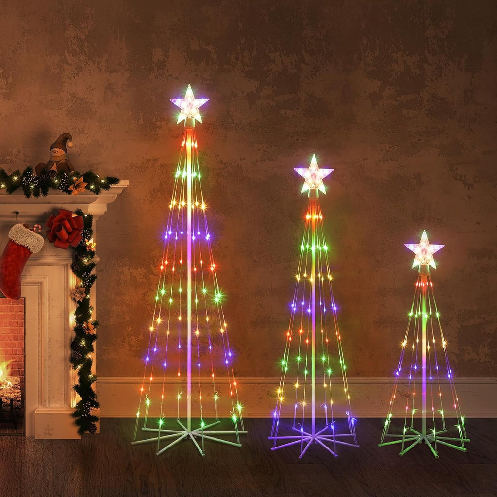 BTY KA 3-piece LED outdoor Christmas tree light show decoration, external lighting conical Christmas decoration with star decoration, courtyard porch backyard terrace,3 feet 4 feet 5 feet