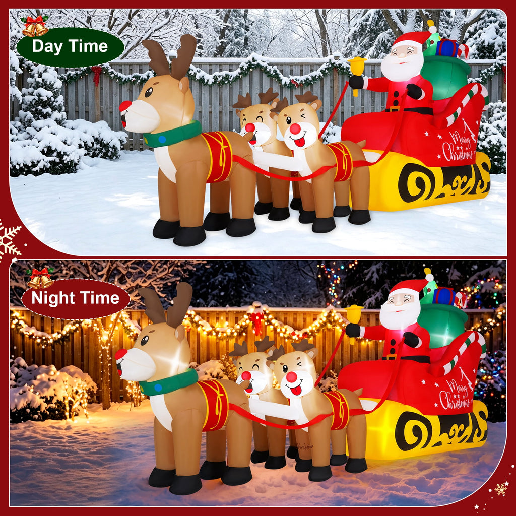 Firstness 8ft Christmas Inflatables Santa Claus on Sleigh with 3 Reindeer Xmas Blow ups with LED Lights Outdoor Yard Lawn Decoration