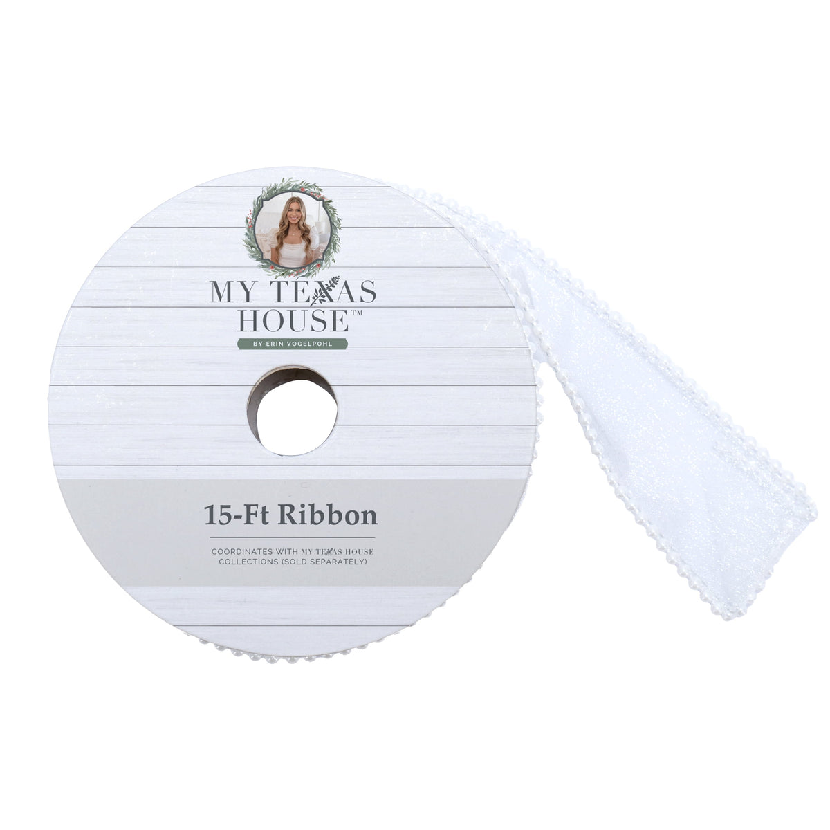 My Texas House White Beaded Sheer Christmas Ribbon, 1.5" x 15'