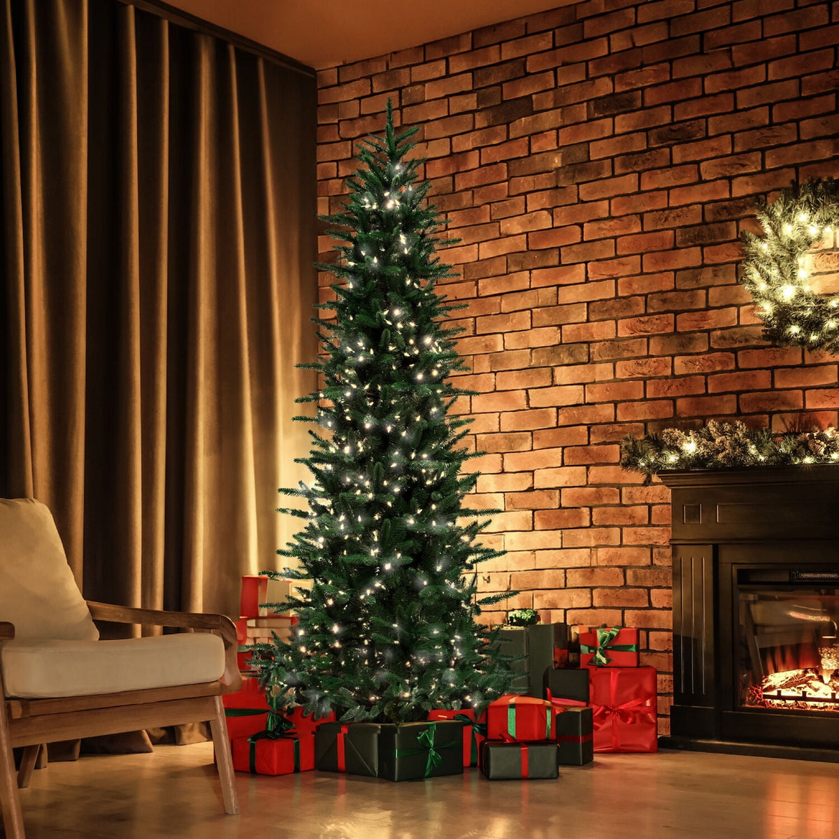 Fraser Hill Farm 6.5-Ft. Carmel Pine Slim Christmas Tree with White Incandescent Smart Lights, FFCP065-3GR
