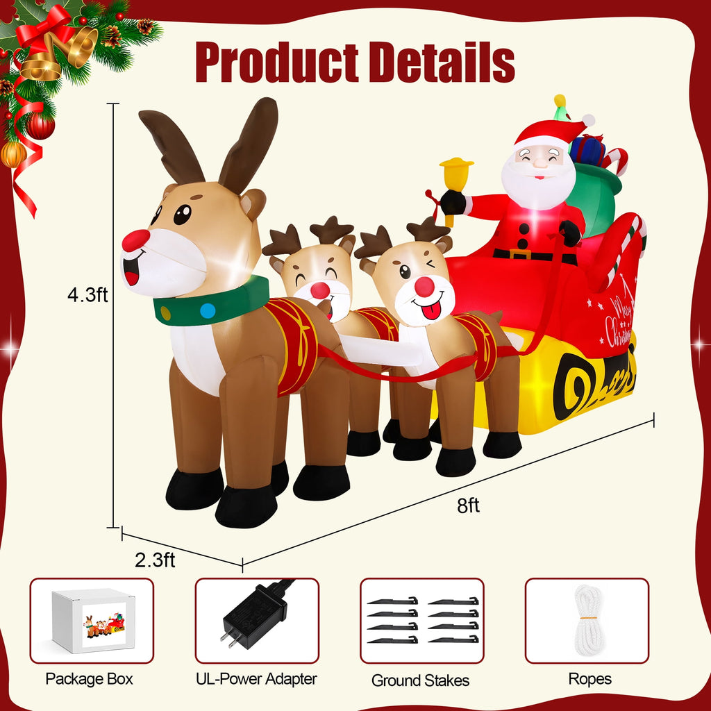 Firstness 8ft Christmas Inflatables Santa Claus on Sleigh with 3 Reindeer Xmas Blow ups with LED Lights Outdoor Yard Lawn Decoration