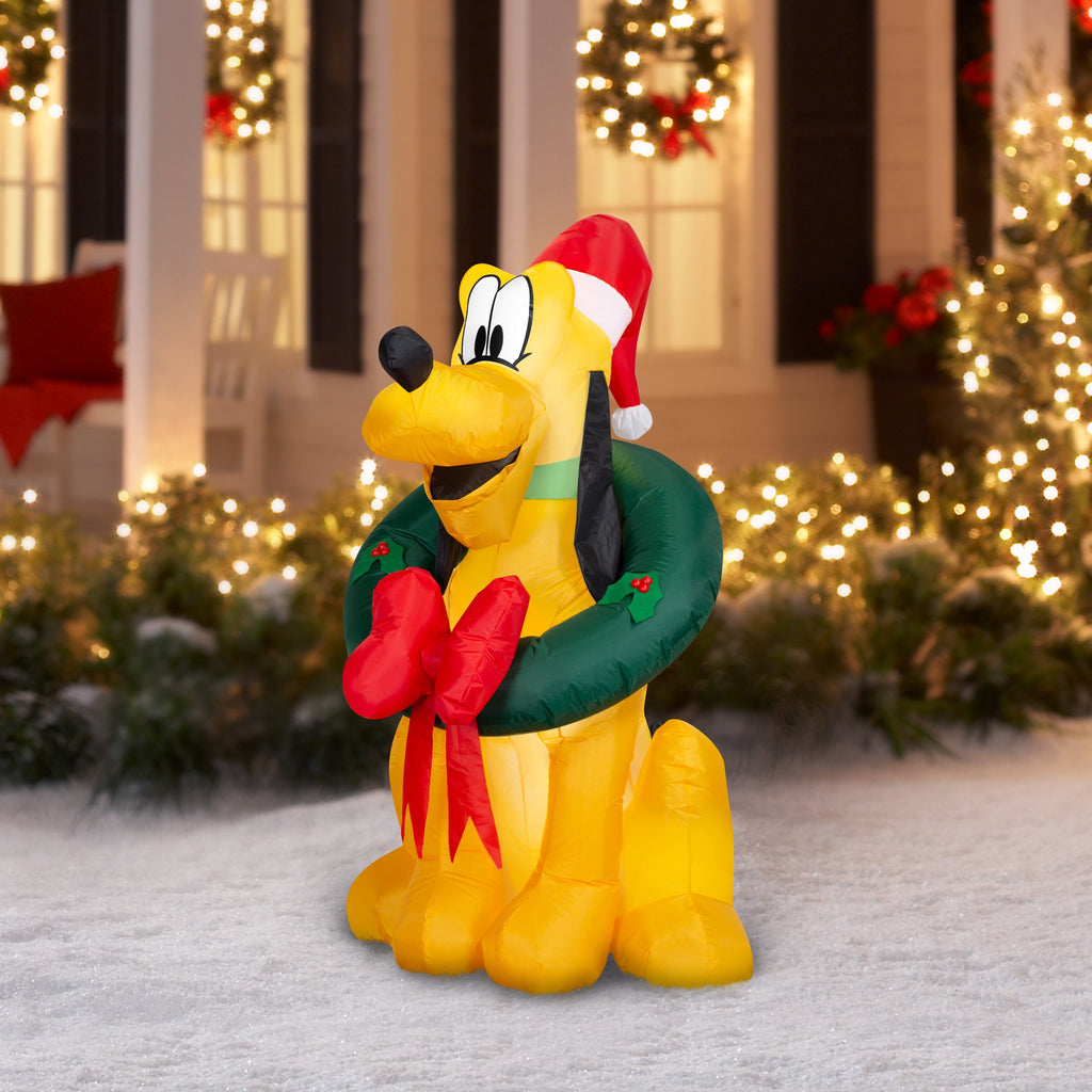 Airblown Christmas Yard Inflatable Light Pluto with Santa Hat and Wreath Disney 4.5 ft