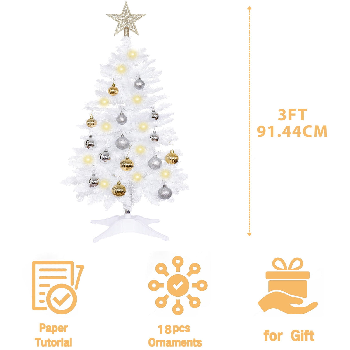 THE BRIVE Artificial Christmas Tree Champagne Includes Ornaments & Star 3ft with LED lights