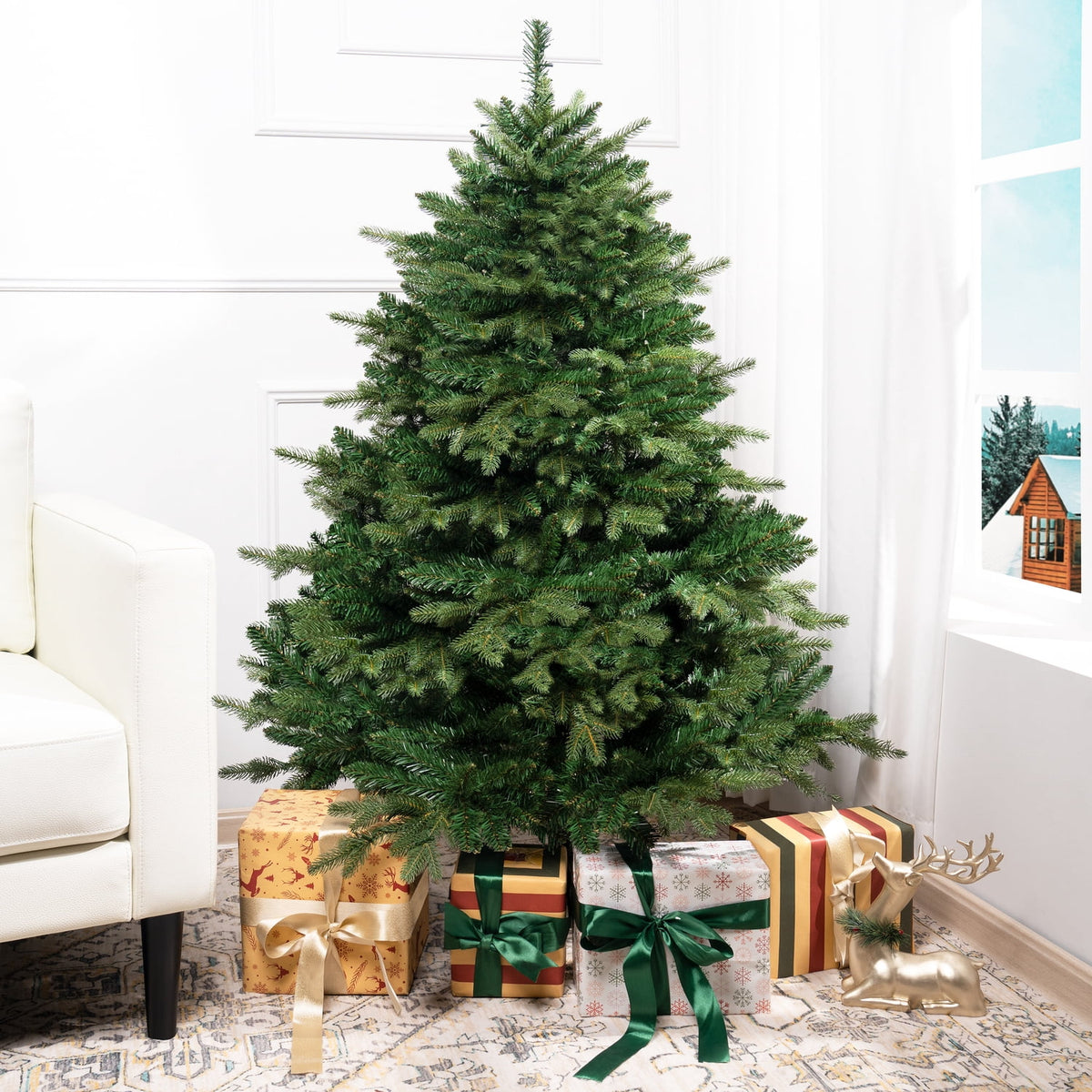 Naomi Home 4.5ft Rustic Christmas Tree with Lights, Realistic Classic Christmas Tree Prelit with 1117 Branch Tips, 300 Warm Lights and Metal Stand, Aritificial Christmas Tree