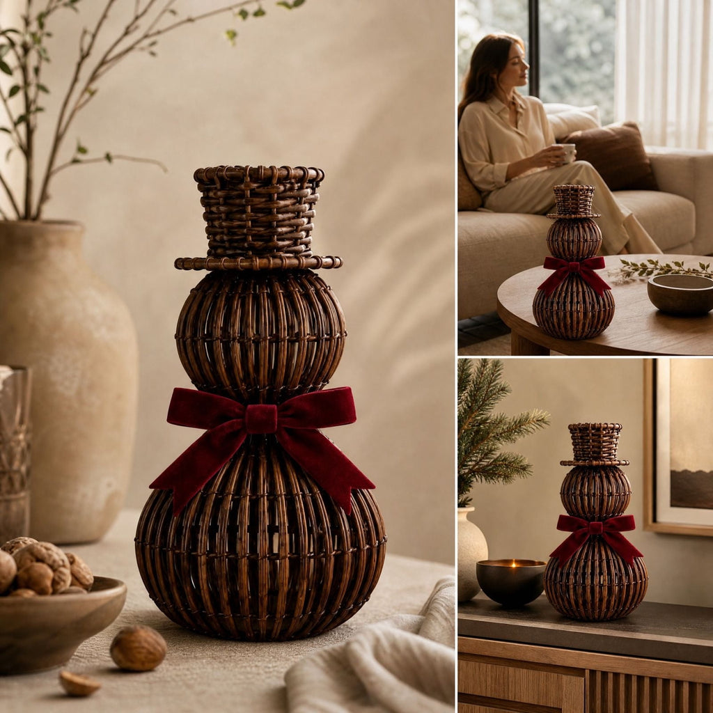 FeiBiQiuBi 14.9" Resin Rattan Style Snowman, Rustic Snowman Decorations with Bow, Woven Natural Style Freestanding Design Winter Farmhouse Decor for Home Kitchen Garden, Holiday Table Mantel Decor