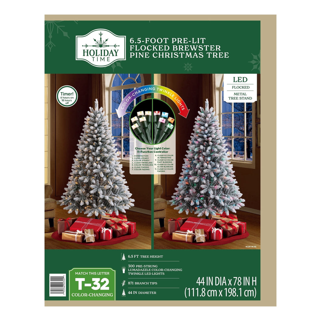 6.5' Pre-Lit Brewster Pine Snow-Flocked Green Artificial Christmas Tree with LumaDazzle Color-Changing Twinkle LED Lights and Stand, by Holiday Time