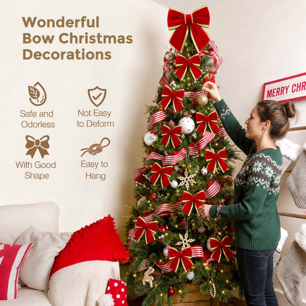 Ayieyill 13 Pack Velvet Red Christmas Tree Bows, Large Christmas Bows for Tree Wreath Stairs Railing Fireplace Indoor Decor