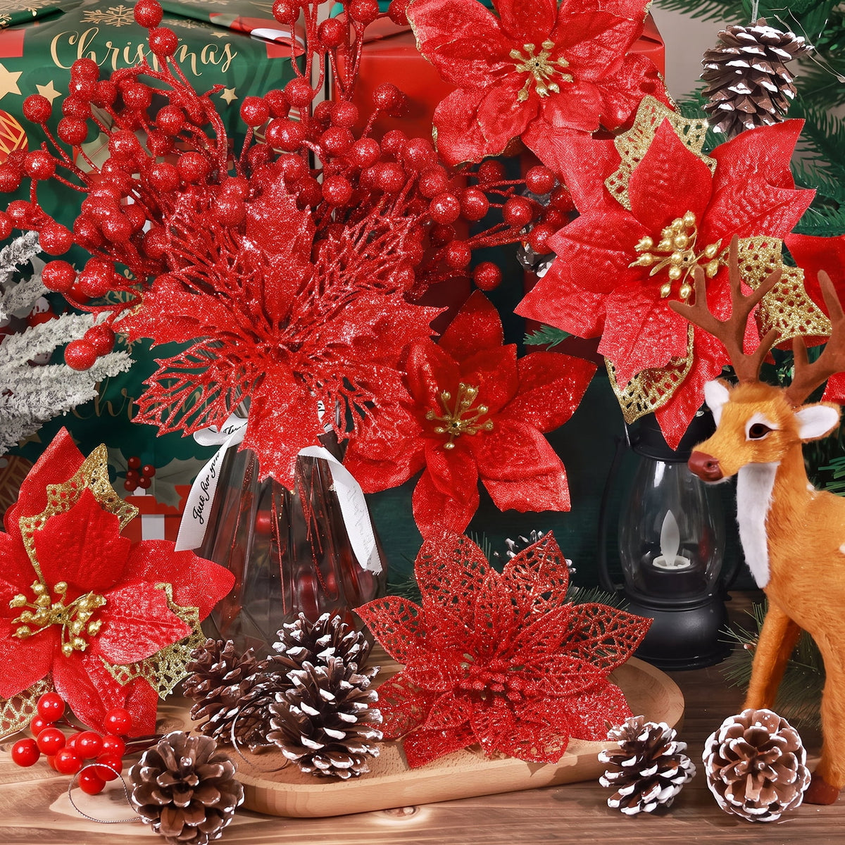 Ayieyill 56Pcs Poinsettia Christmas Flowers Decorations Christmas flower ornaments Artificial Glitter Berry Stems Christmas Pine Cones Christmas Tree Ornaments Set Christmas Tree Decorations (Pink)