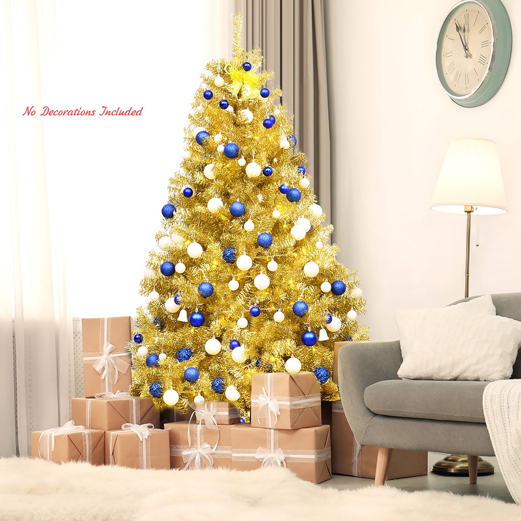 Costway 6ft Artificial Tinsel Christmas Tree Hinged w/1036 Tips Foldable Stand Champagne