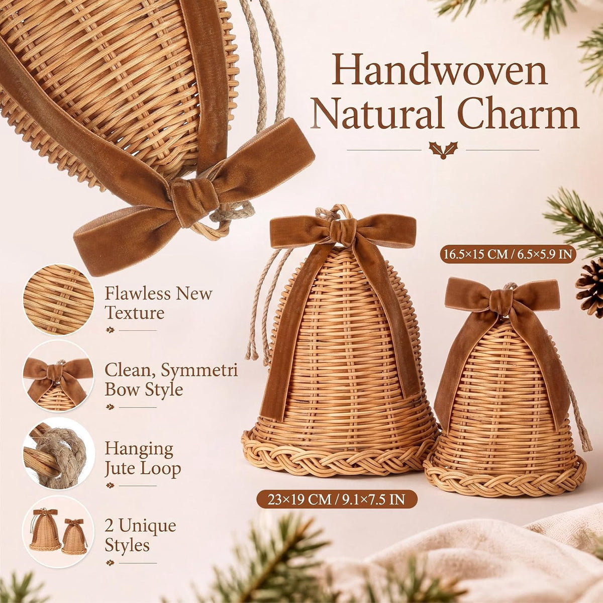 2 Pcs Woven Rattan Christmas Bells with Velvet Bows