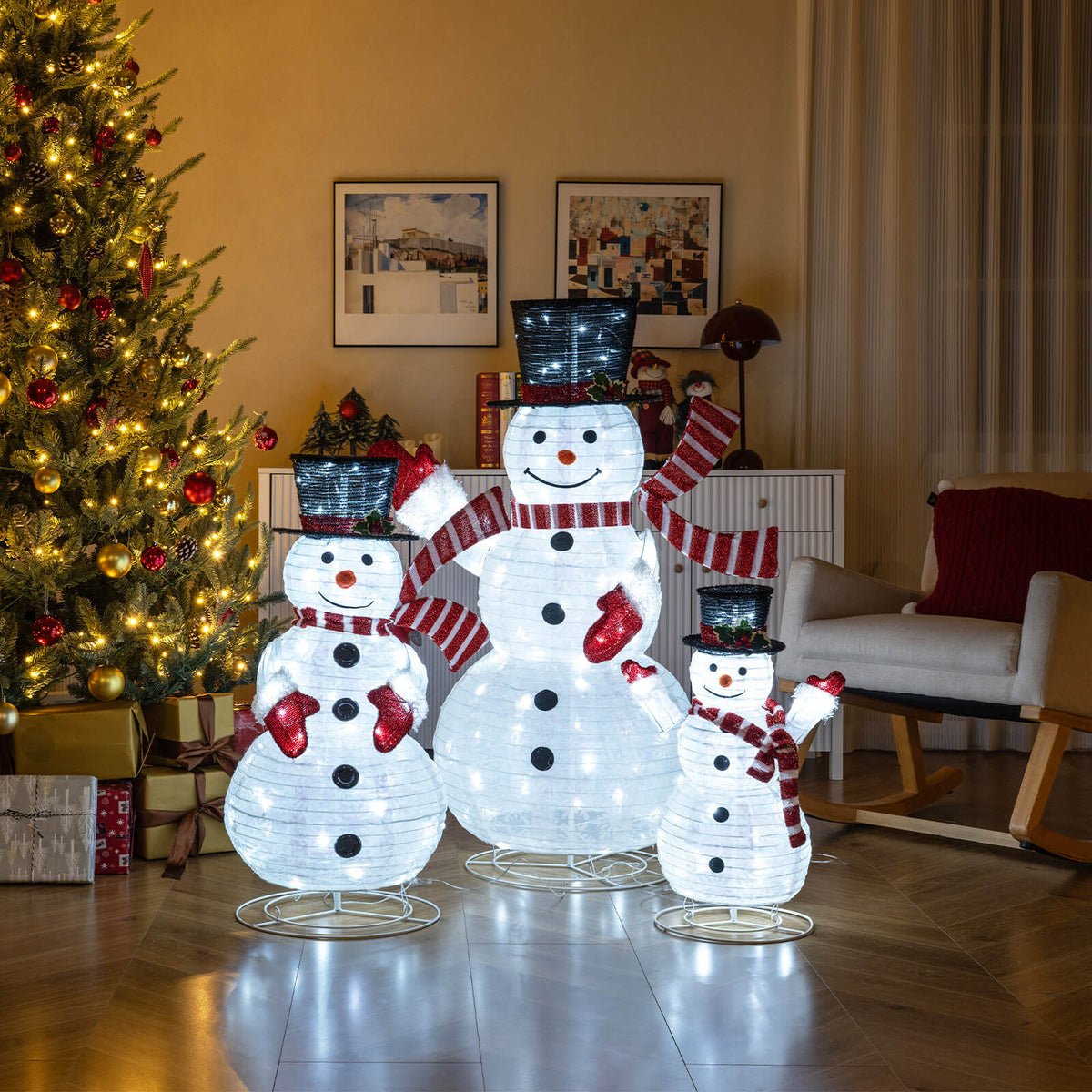 Costway 3PCS Pre-Lit 3D Snowman Set with 270 LED Lights for Home Lawn Yard Garden Plug in