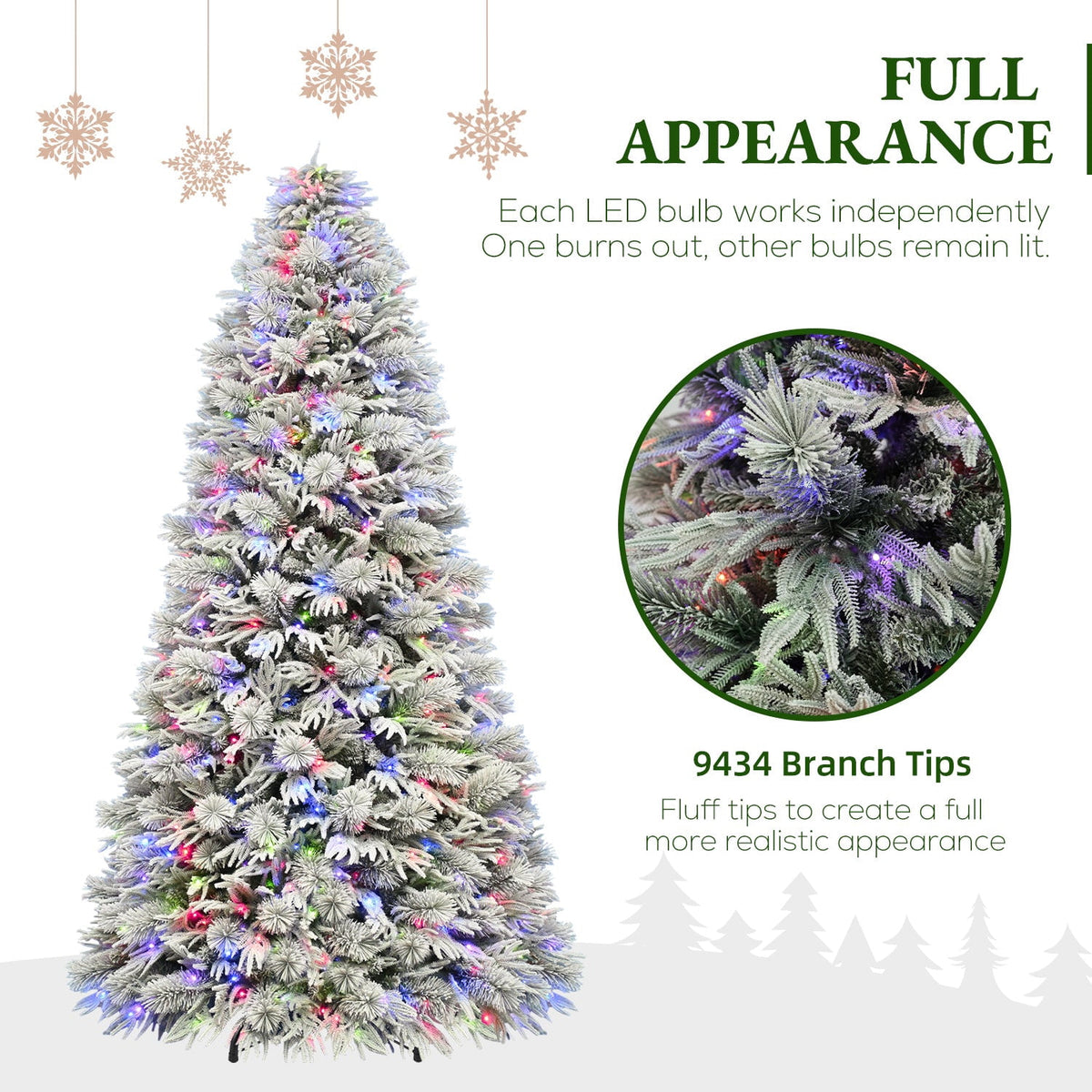 VIVATREES 7.5FT Premium Flocked Christmas Tree 550 Multi-Color LED Lights 5490 PVC PE Hinged Branch Tips Pre-Lit Artificial Xmas Pine Needles Metal Base for Home Office Holiday Decor