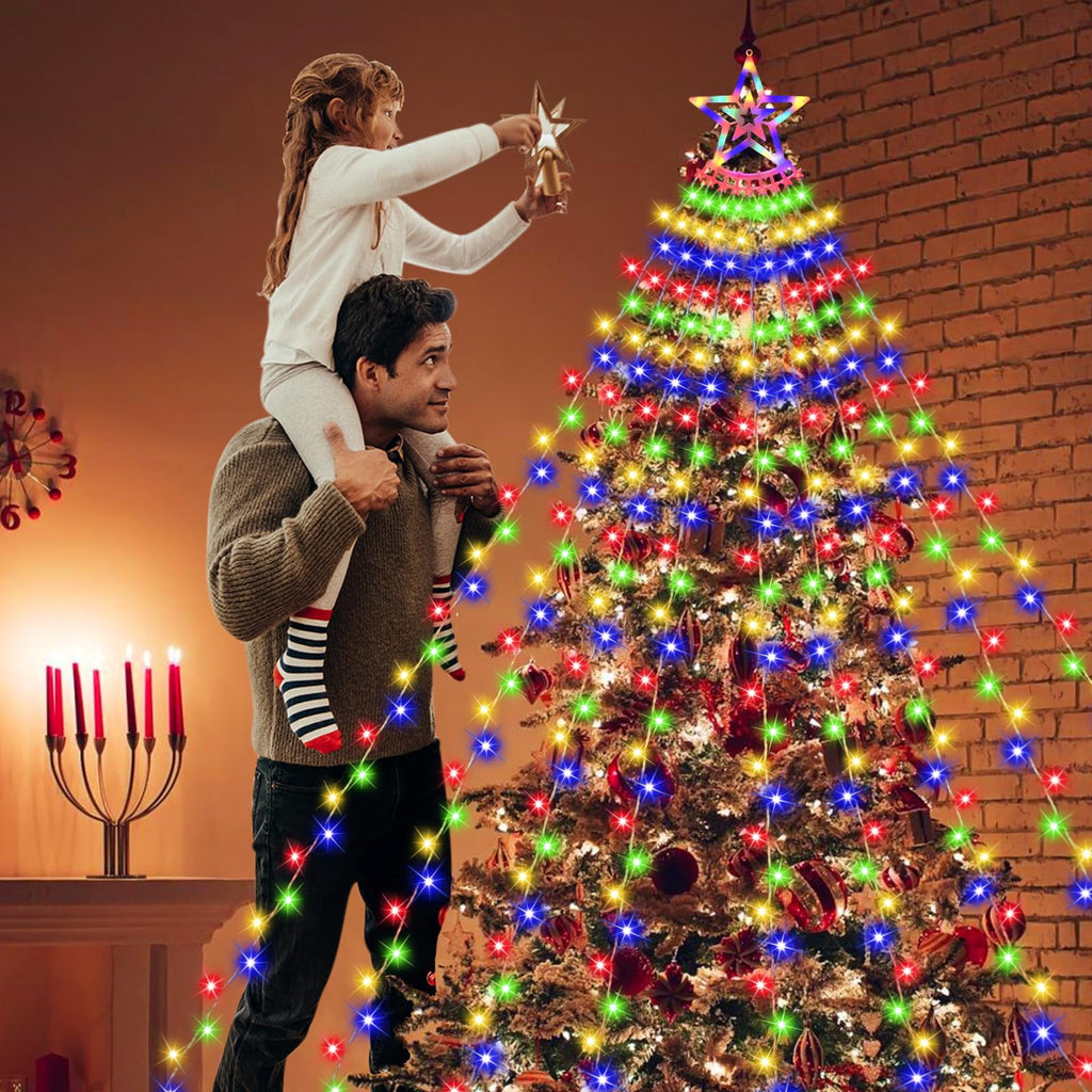 New Outdoor Christmas Decoration Lights Plug-in 8 Modes & 350 LED Christmas String Waterfall Fairy Tree Lights Indoor Outdoor Holiday Lighting Decorations, Multicolor