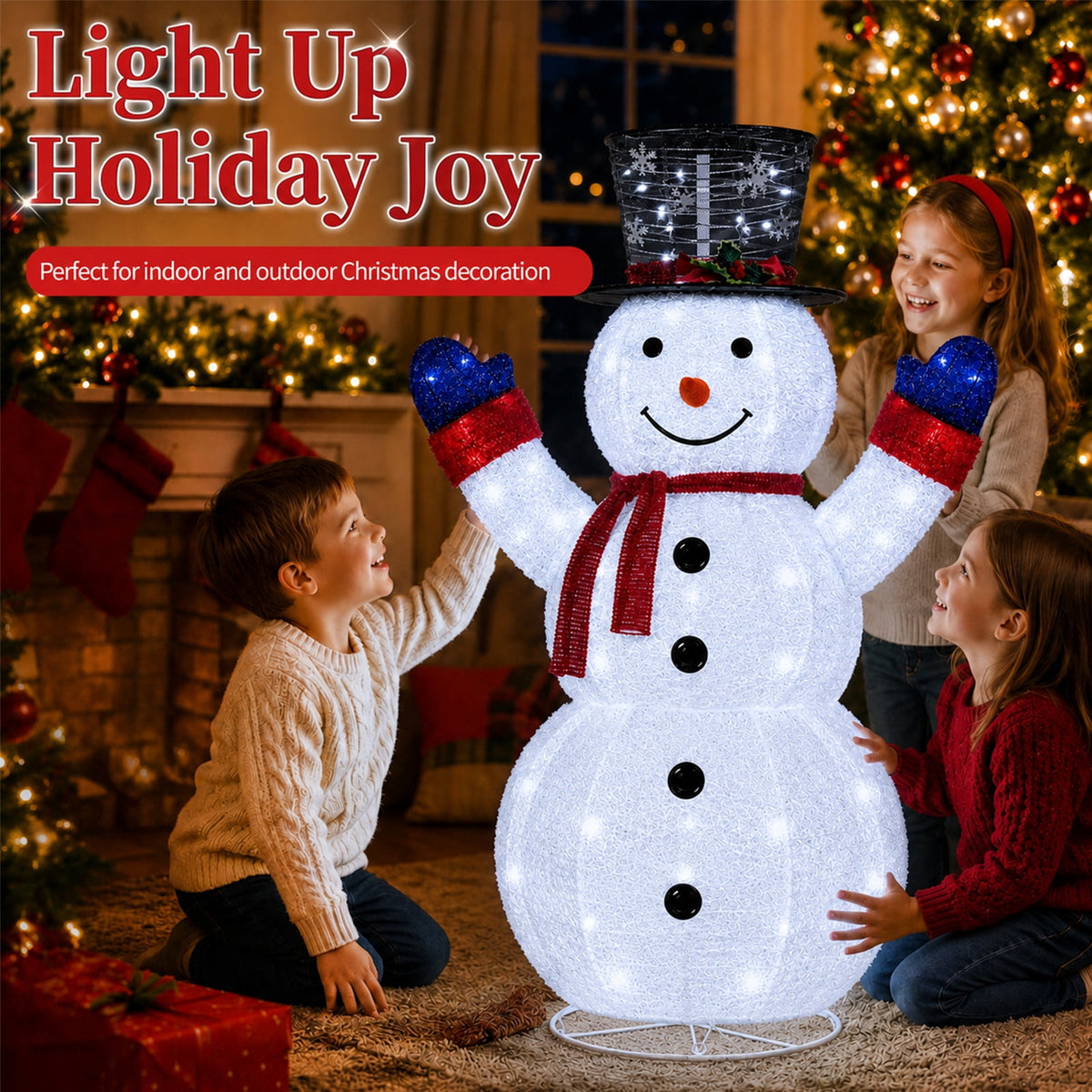 4ft Lighted Christmas Pop Up Snowman, Collapsible Large Velvet Snowman with 120 Cool White LED Lights, Indoor Outdoor Yard Porch Garden Holiday Party Decorations