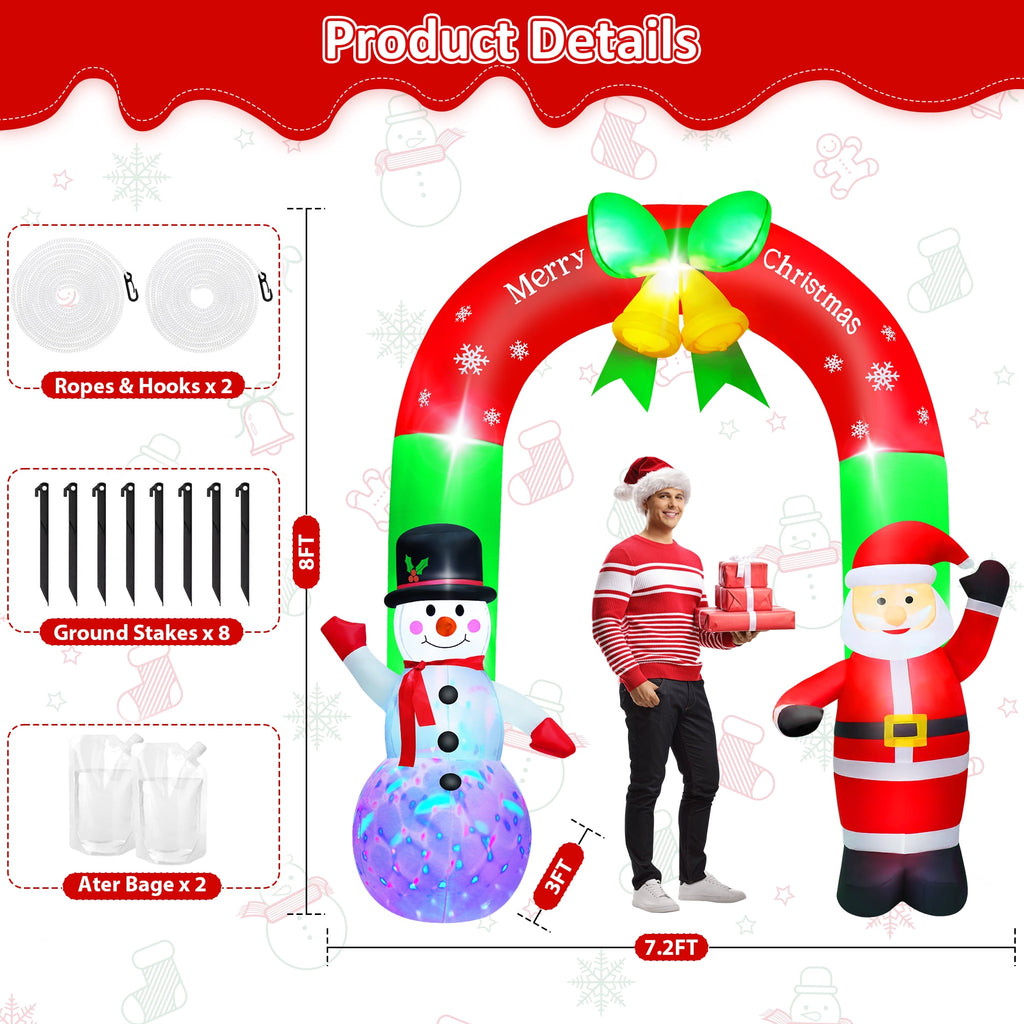 Yexmas 8FT Christmas Inflatable Archway,Christmas Blow Up Yard Decorations with Santa Claus and Snowman,Outdoor Christmas Decorations with Bow LED Lights