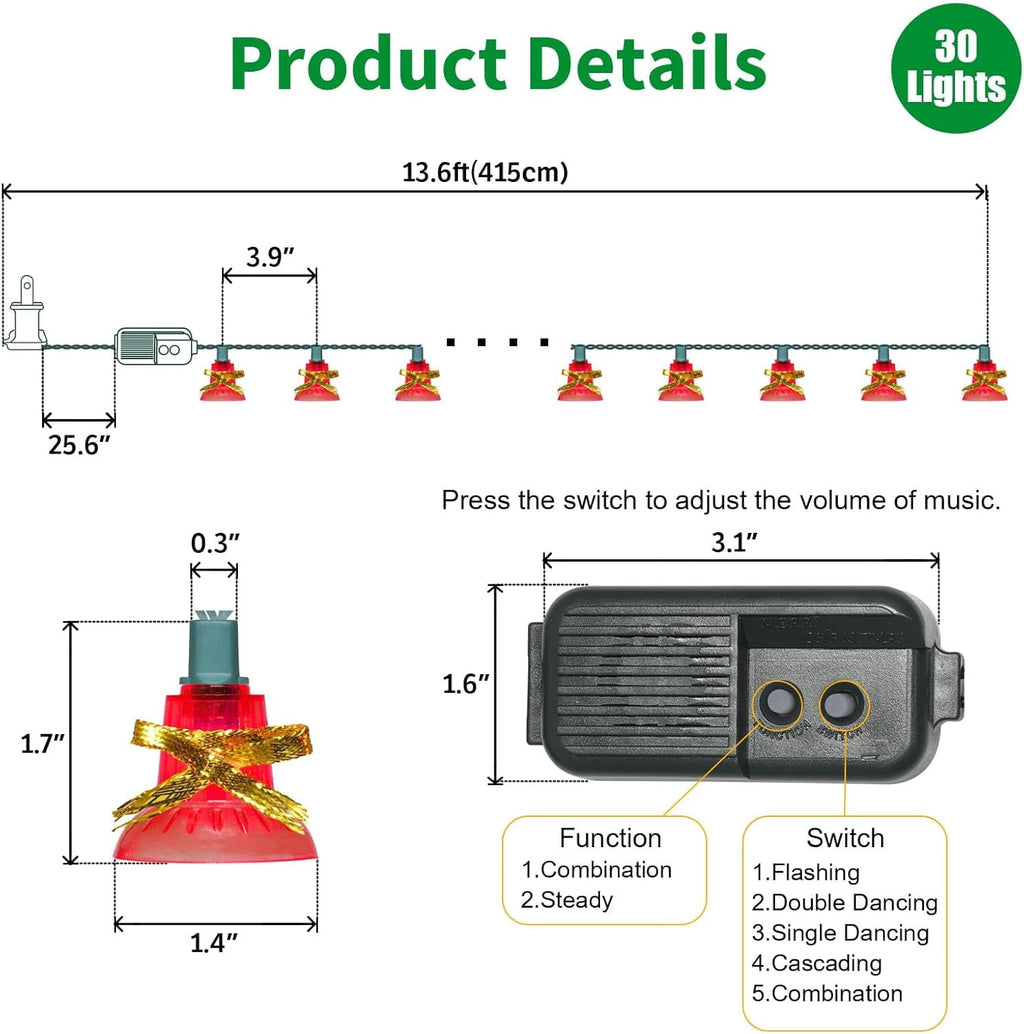 30 Lights Christmas Musical Bell String Lights, 25 Classical Holiday Songs, 7 Functions Red Incandescent Bulb Green Wire Light with Red Bells for Indoor Xmas Tree Decorations