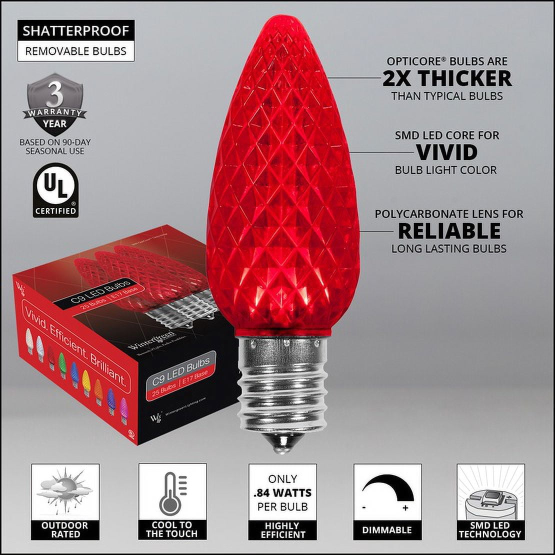 OptiCore C9 LED Red Christmas Lights, String Lights with Shatterproof Christmas Bulbs, 25 Lights, 25'
