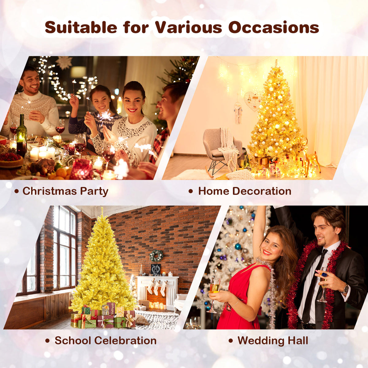 Gymax 7.5FT Tinsel Christmas Tree Artificial Hinged w/ Metal Stand Champagne Gold