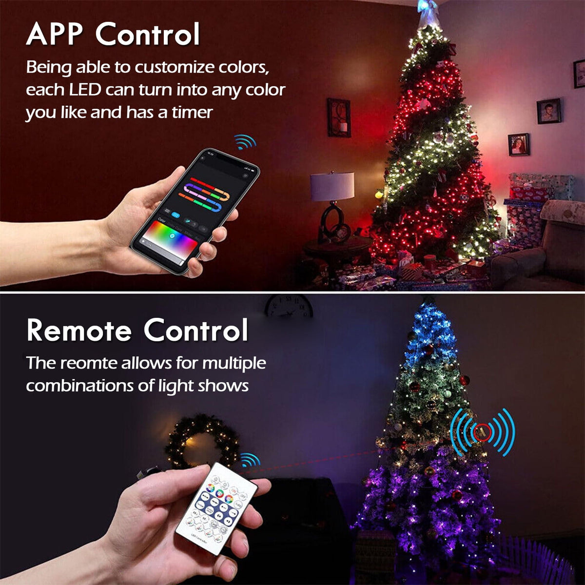 IC ICLOVER Christmas Tree String Lights Decorations with Ring Smart APP, 400 LED Waterfall Lights IP65 Waterproof Multi-Modes with Remote Color Changing Lights for Wedding Yard Party Home Holiday