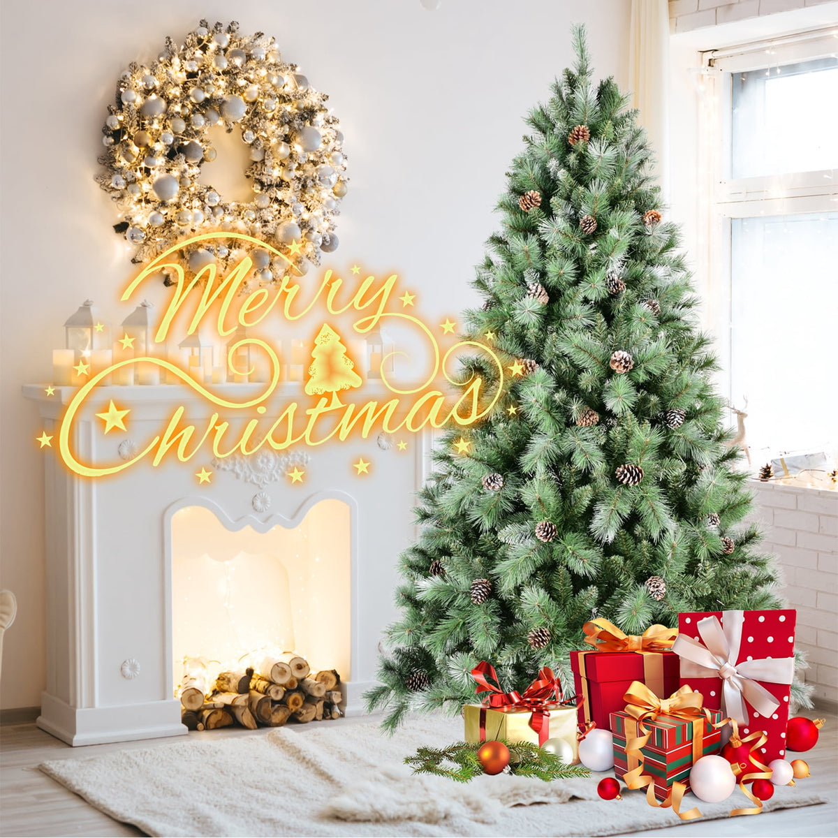 8FT PVC Artificial Christmas Tree White Needles Pine Cones Decor Premium Xmas Tree with 1858 Branch Tips Easy Assemble and Foldable Holiday Xmas Ornaments with Stand for Home Office Party Decoration