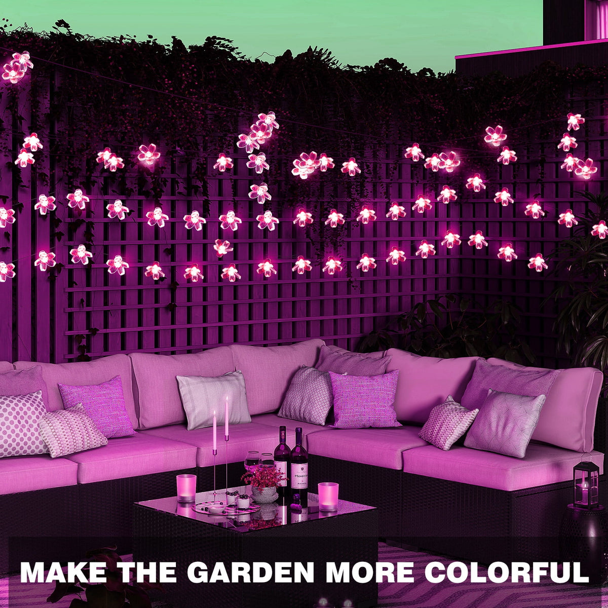 Rirool Cherry Blossom Solar String Lights Outdoor, 23FT 50 LED Flower Fairy Lights with 2 Lighting Modes, IP65 Waterproof Auto On/Off for Garden Patio Wedding Christmas Decor, Multicolor