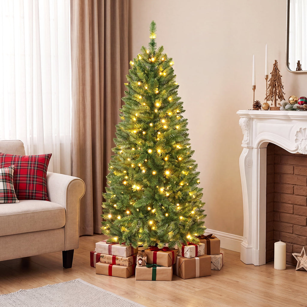 Costway 6Ft Pre-lit Artificial Pencil Christmas Tree Hinged Fir PVC Tree with 250 LED Lights