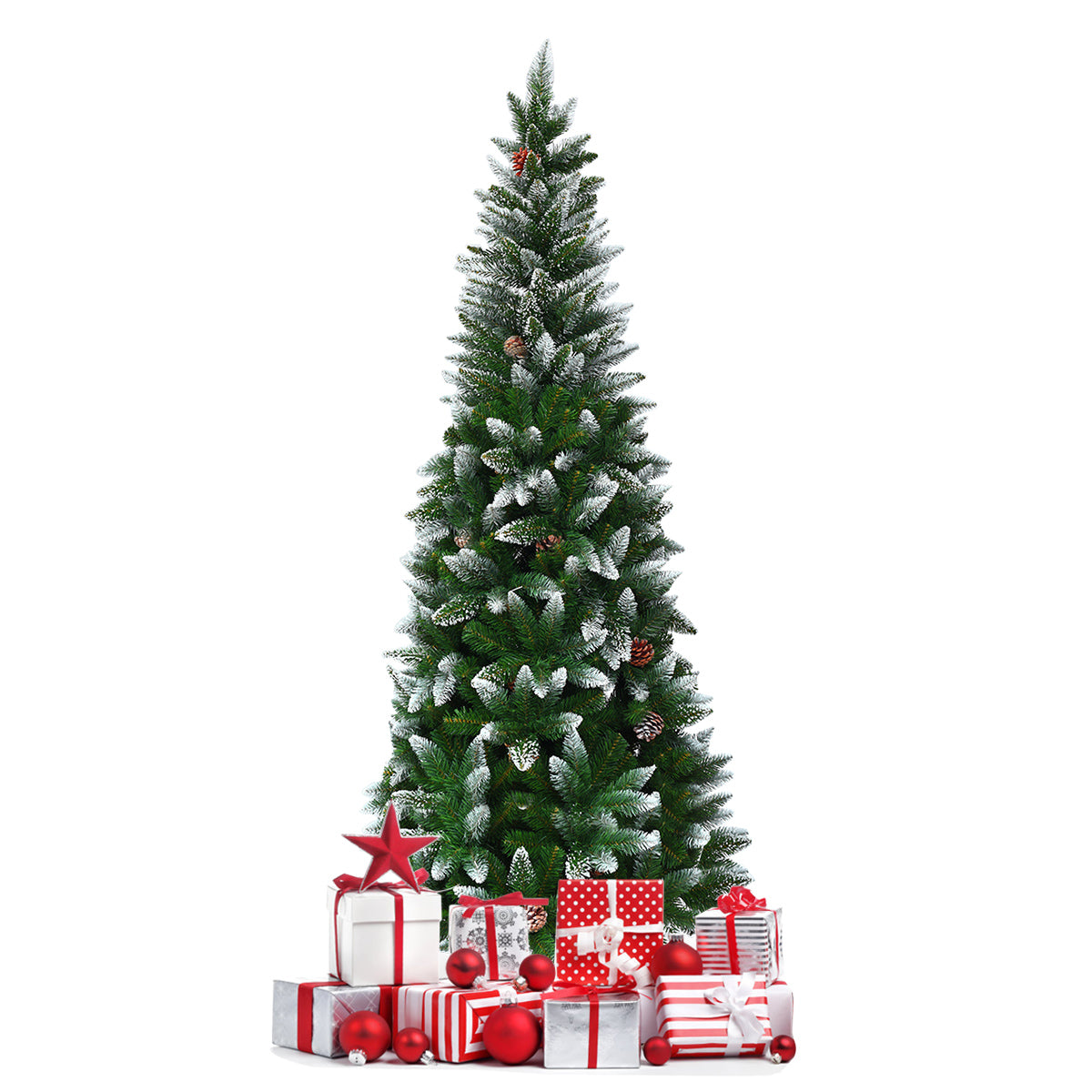 Gymax 5ft Snow Flocked Pencil Christmas Tree Classic Realistic PVC Needles W/Pine Cones