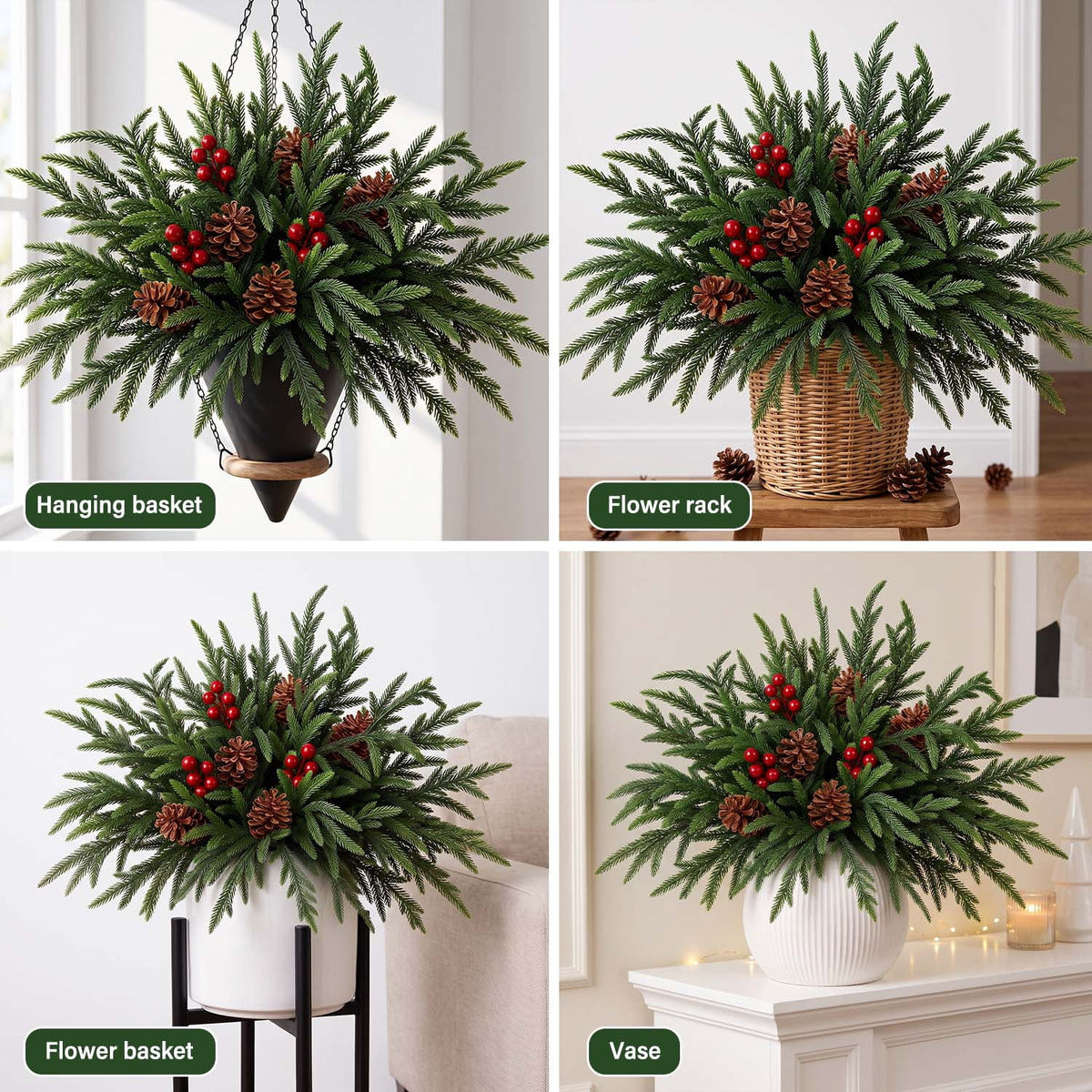 Ayieyill 39 Pack Artificial Pine Branches, 13.5 Inch Christmas Greenery Stems with Red & White Berries for Vase DIY Christmas Decorations Indoor