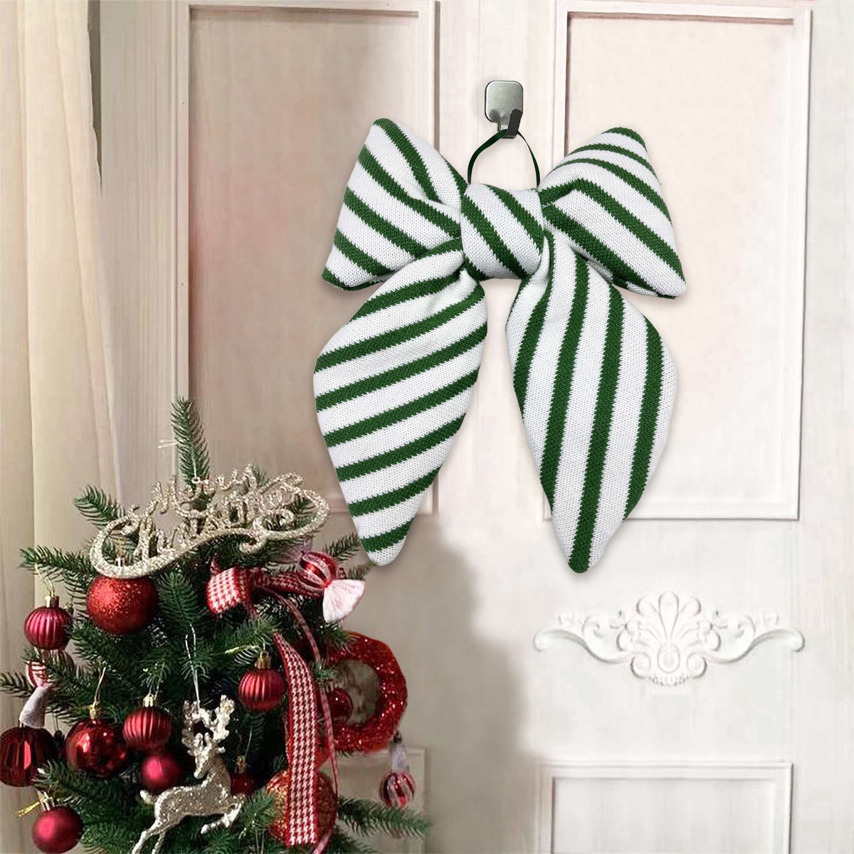 Green and White Striped Decorative Christmas Bow, 15", by Holiday Time