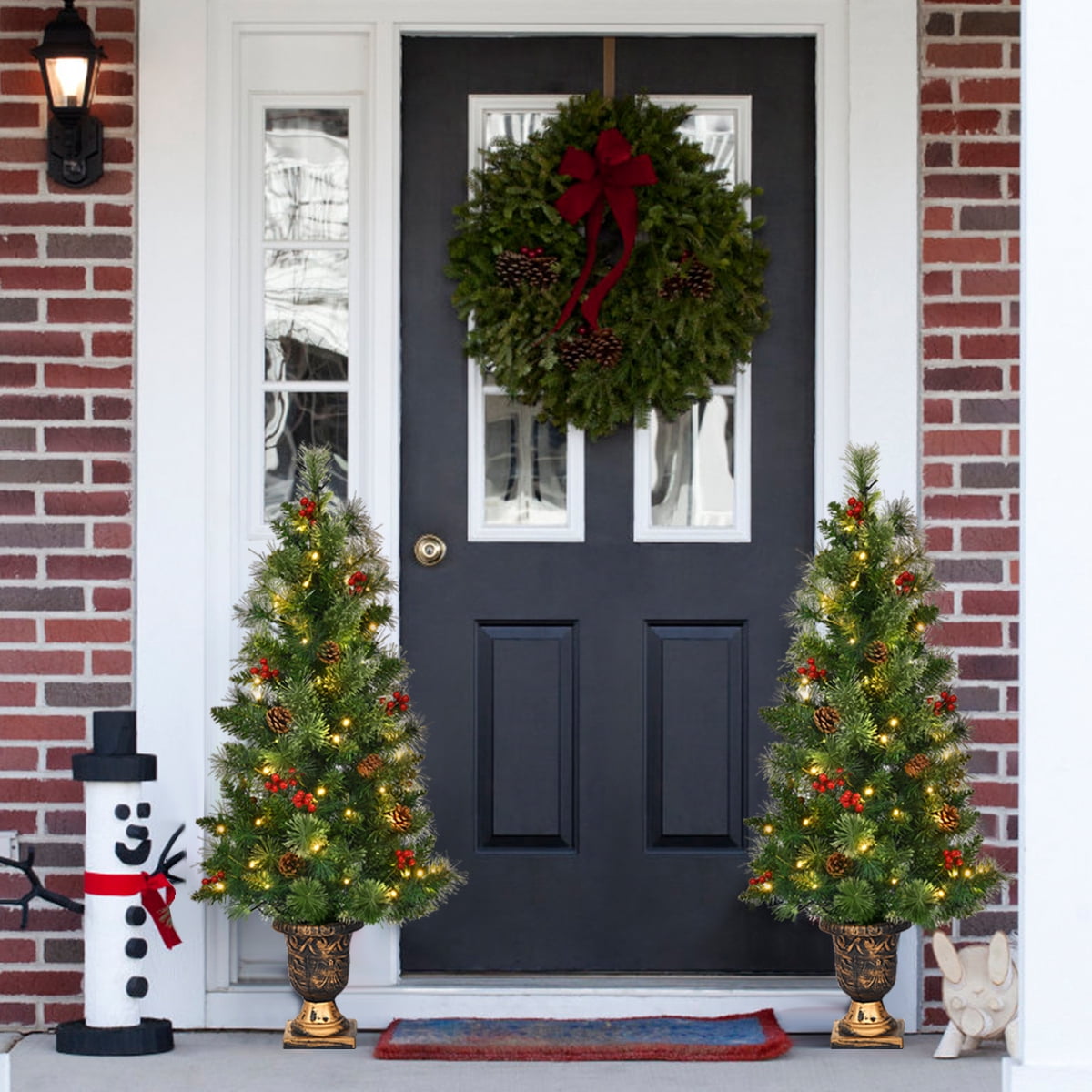 Costway 4ft Pre-Lit Christmas Entrance Tree In Urn w/ 60 LED Light Red Berries Pine Cone