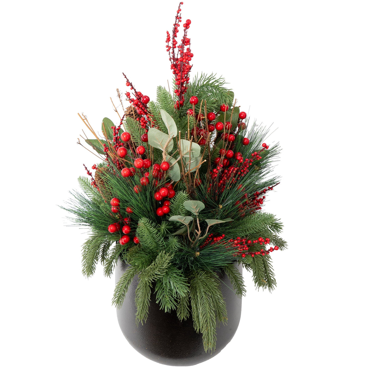 My Texas House Greenery and Berries Christmas Arrangement in Pot, Red/Green/Black, 30"